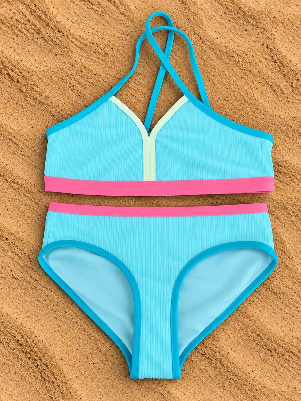 Justice Girls 7/8 Mint Color Block Ribbed 2 Piece Bikini NWT